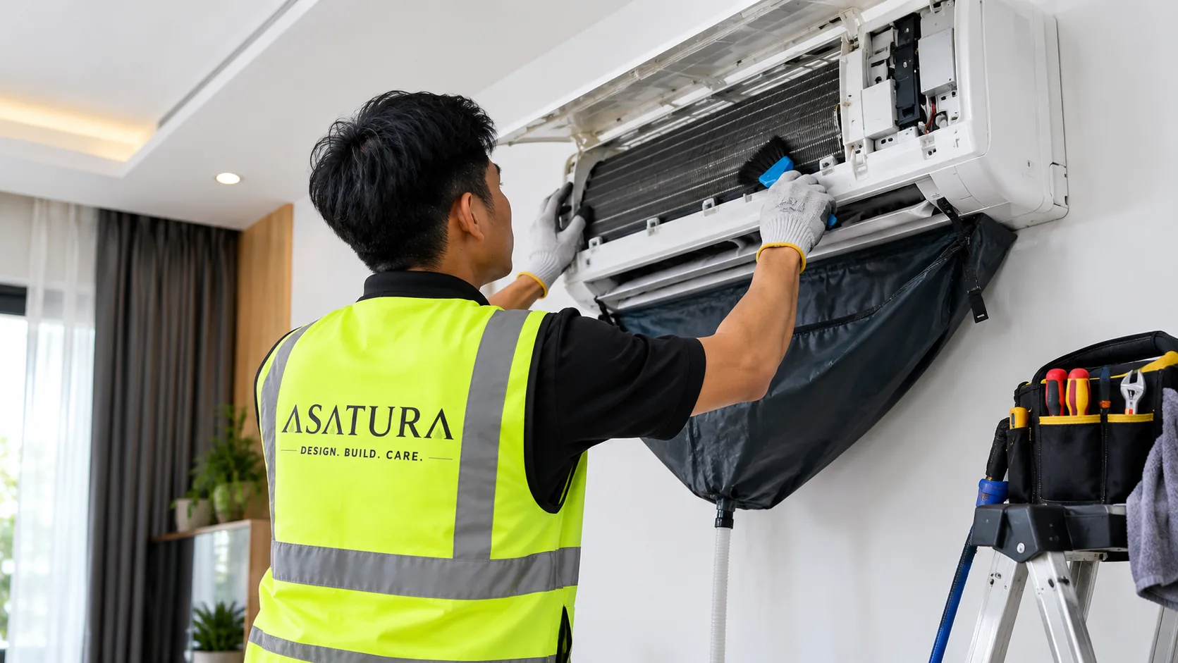 Teknisi ASATURA membuka dan memeriksa komponen indoor AC yang mengalami kerusakan
