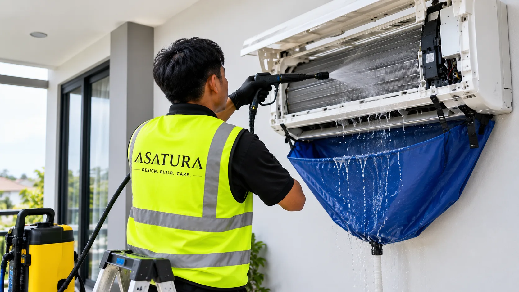Teknisi ASATURA melakukan cuci steam pada evaporator AC