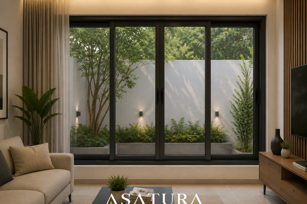 Jendela alumunium powder coating hitam empat panel di Jakarta Utara oleh ASATURA