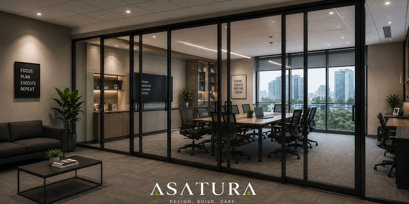 Partisi kaca rangka alumunium hitam pada ruang meeting kantor di Jakarta oleh ASATURA