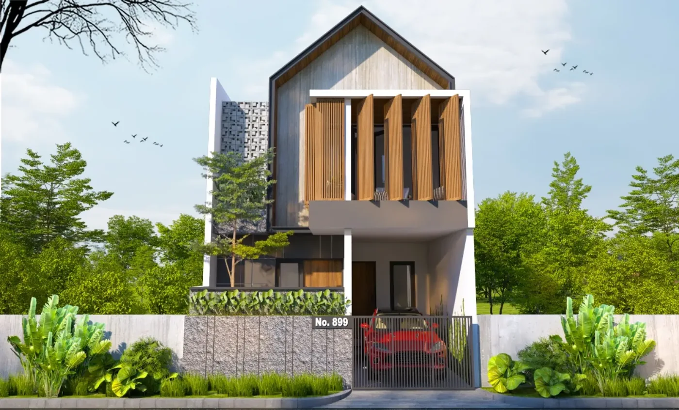 Render desain rumah tiga lantai di lahan sempit dengan carport di bawah bangunan