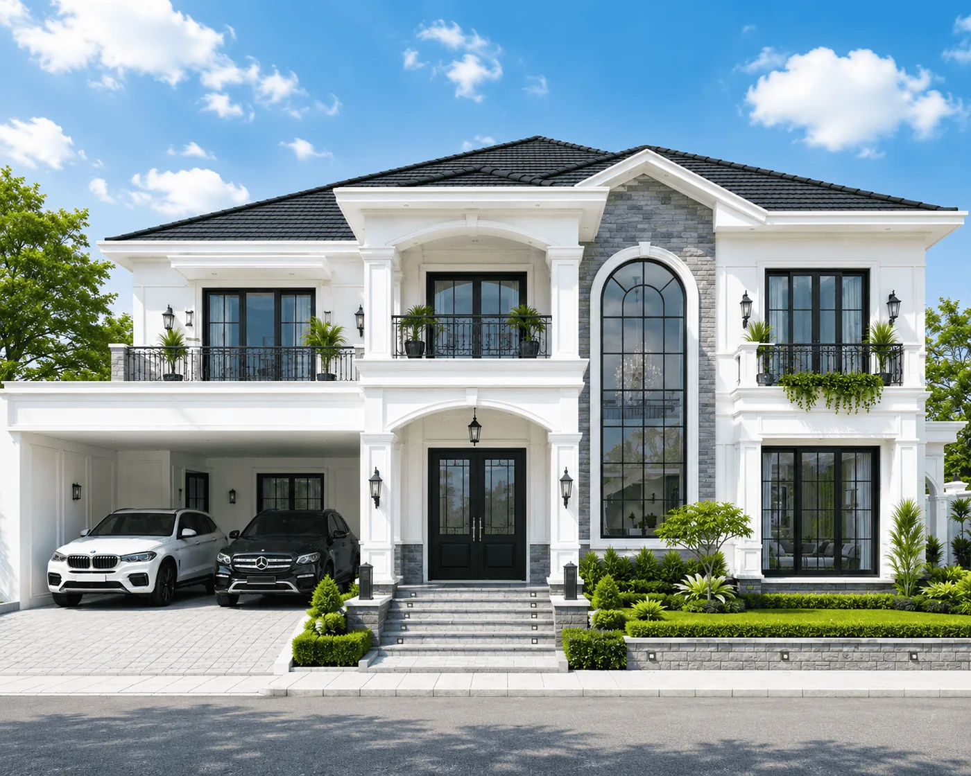 Render desain rumah klasik modern dua lantai berwarna putih dengan kolom dan balkon besi tempa