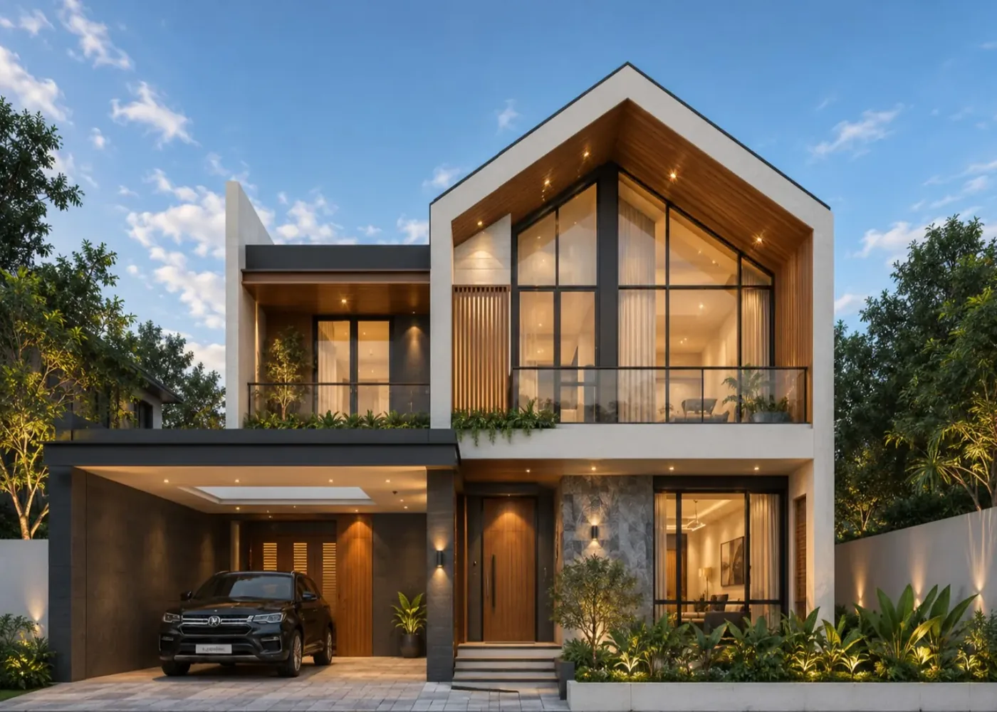 Render desain rumah minimalis modern dengan dinding kaca tinggi dan atap pelana