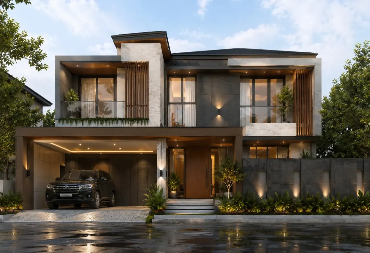 Render desain rumah tropis kontemporer dengan teritisan lebar dan carport luas