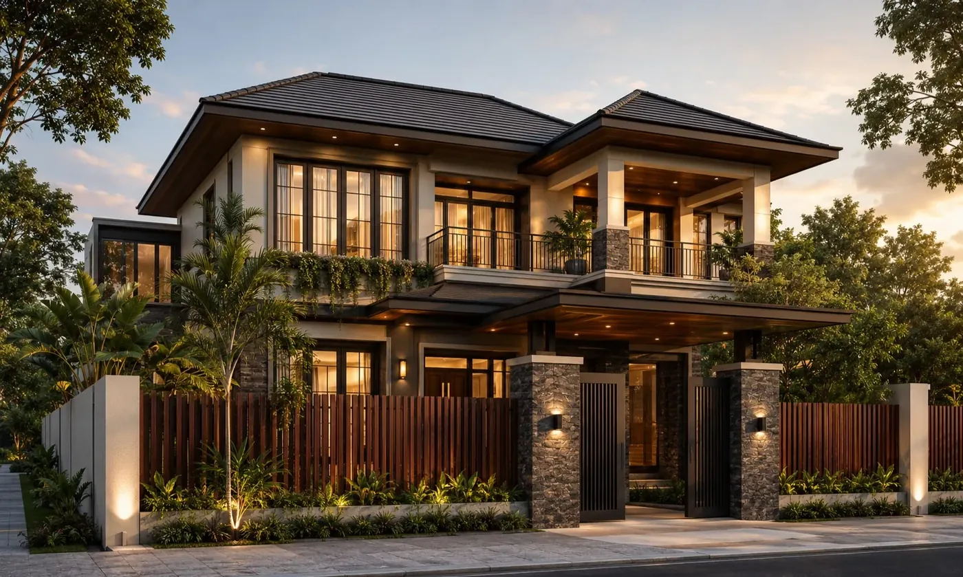 Render desain rumah tropis kontemporer dengan dinding batu alam karya arsitek ASATURA