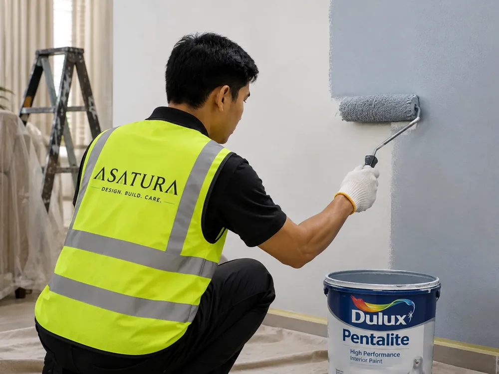 Tukang ASATURA mengecat dinding interior ruang keluarga dengan roller