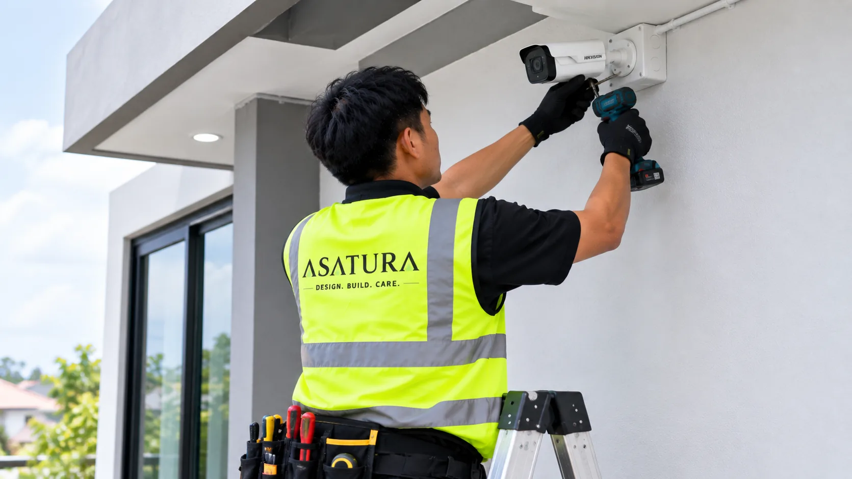 Teknisi ASATURA memasang kamera CCTV outdoor di dinding rumah
