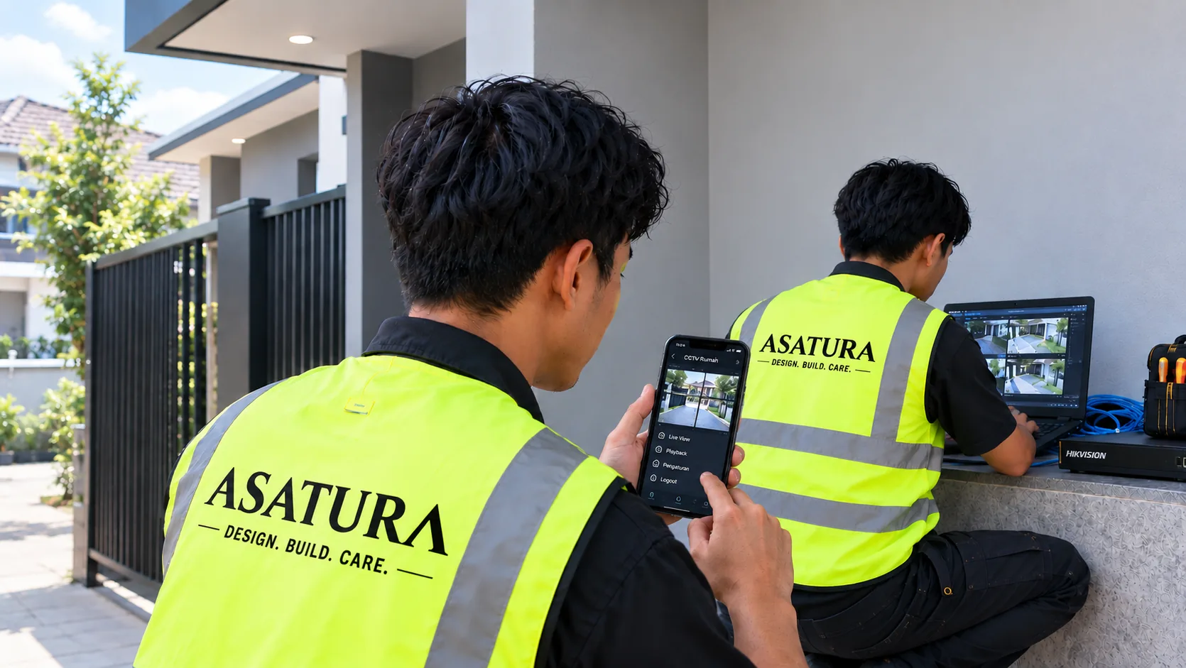 Teknisi ASATURA mengecek live view CCTV di aplikasi HP pelanggan