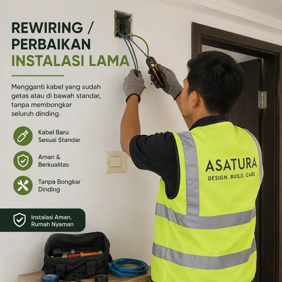 Teknisi ASATURA mengganti kabel instalasi lama yang sudah getas