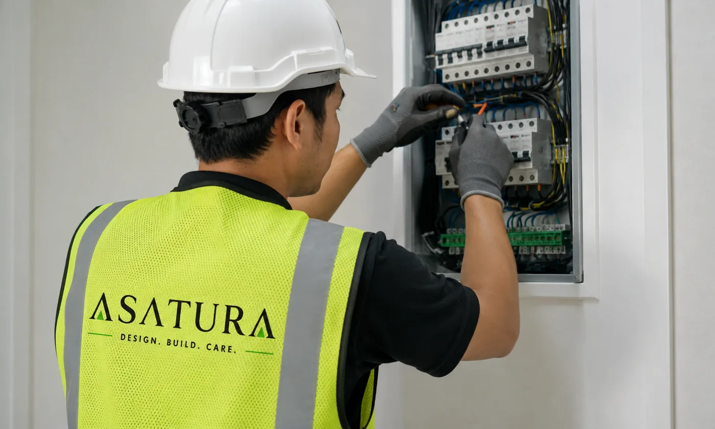 Teknisi ASATURA memperbaiki panel listrik di rumah pelanggan Jakarta