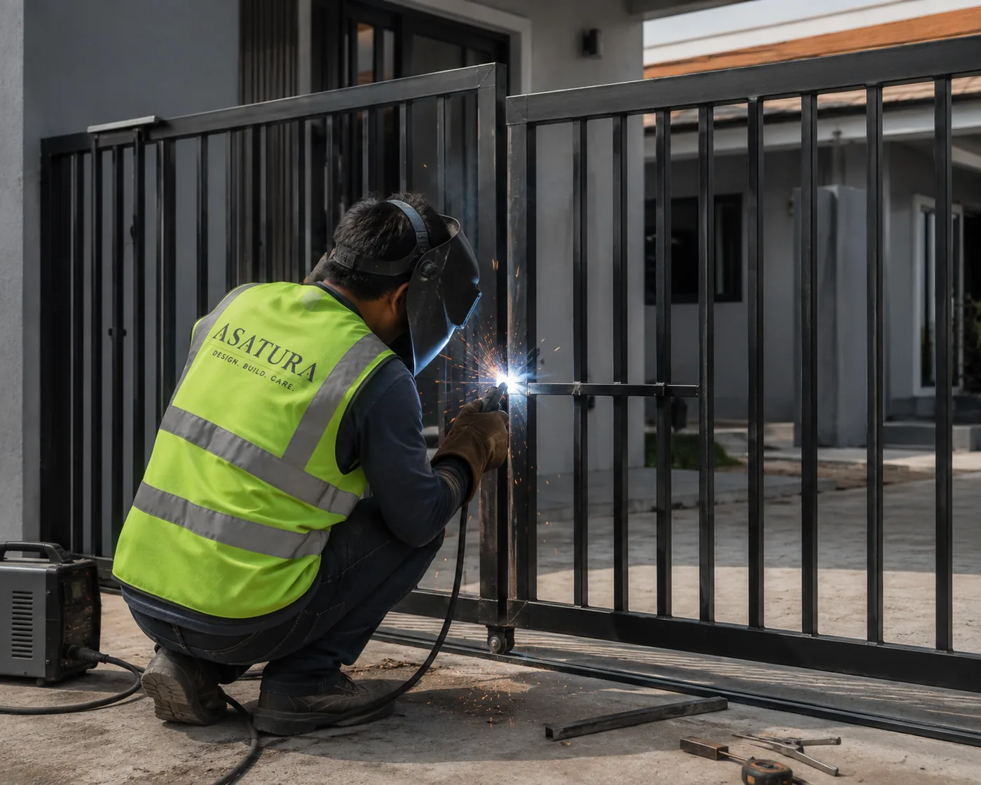 Tukang las ASATURA mengerjakan pagar besi custom di Tangerang